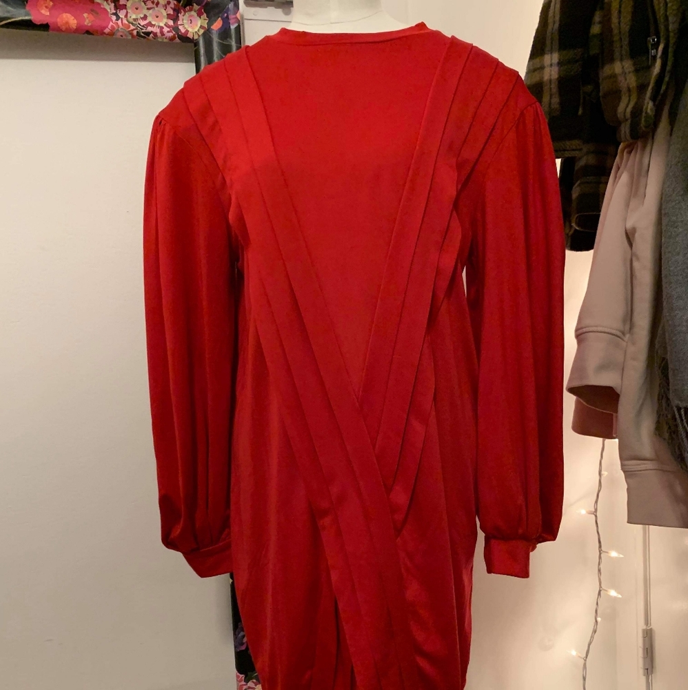 Zara Red Pleated Dress w Balloon Sleeves